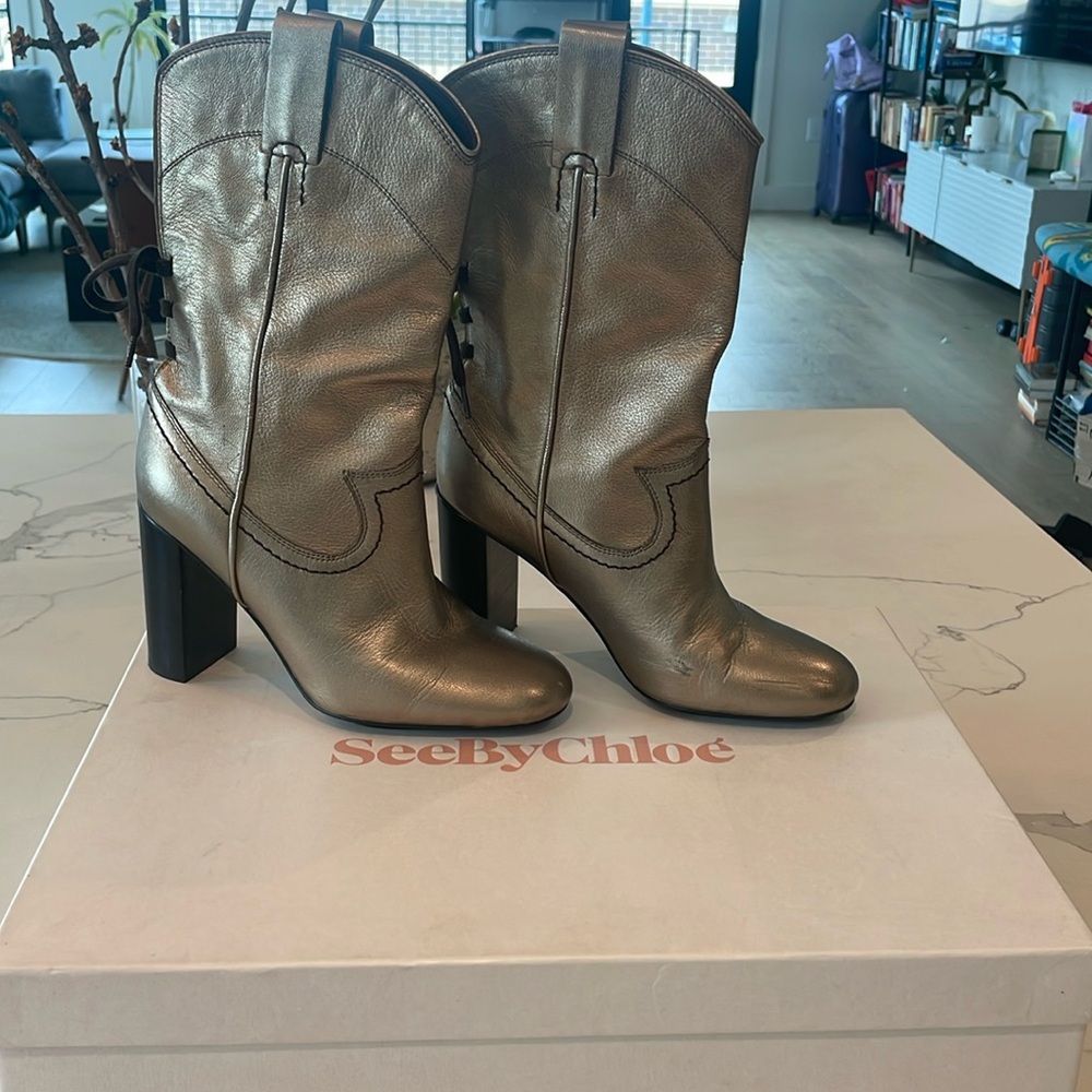 See by Chloe metallic cowboy boot Size 37.5